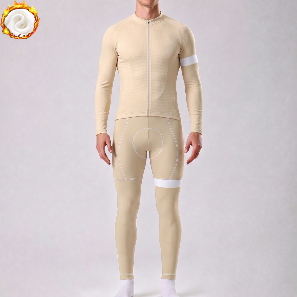Light Khaki Fleece Long Sleeves Cycling Kits