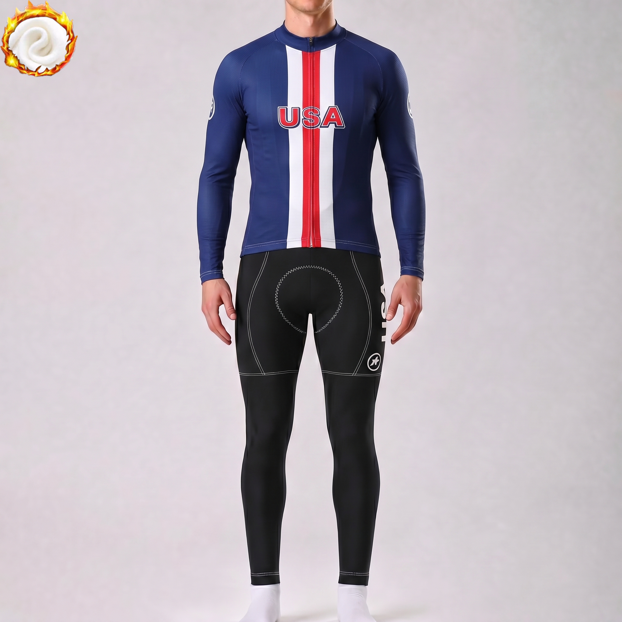 United States Blue Fleece Long Sleeves Cycling Kits