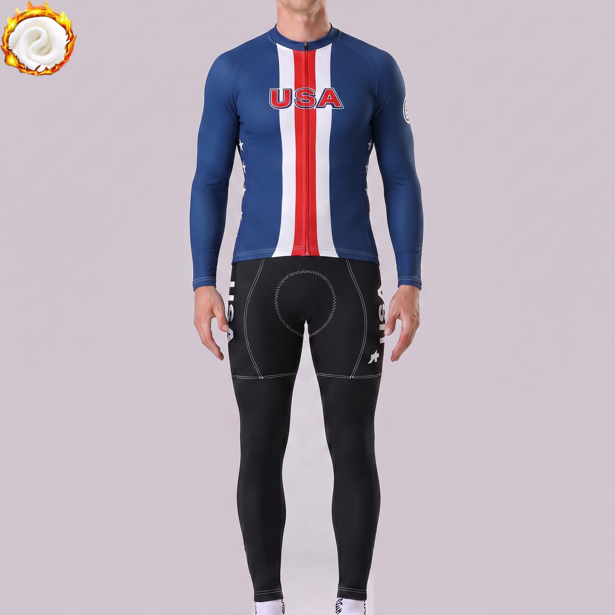 USA Blue Fleece Long Sleeves Cycling Kits