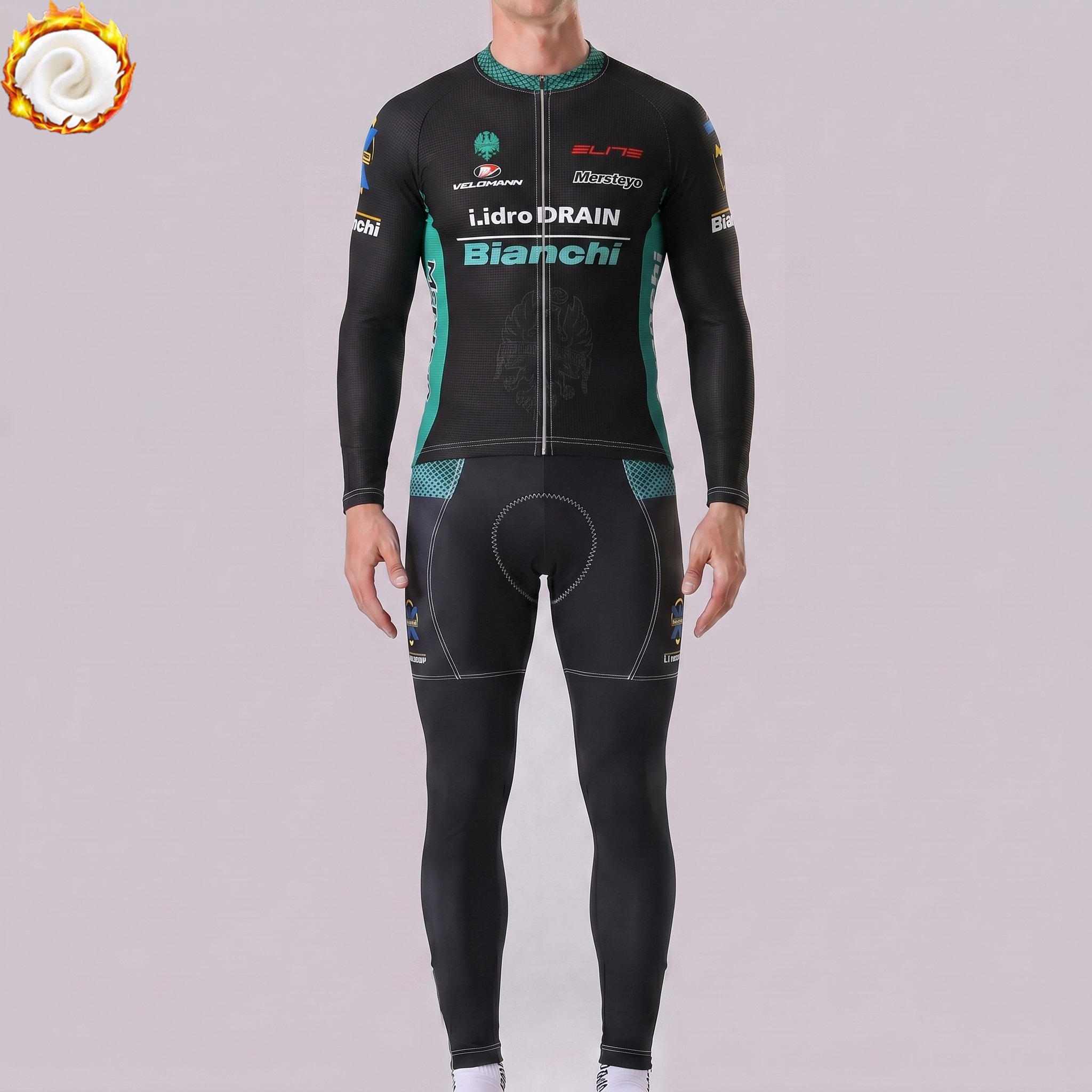 Black Bianchi Fleece Long Sleeves Cycling Kits