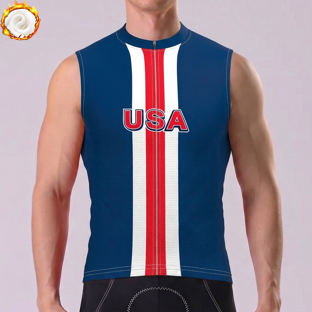 USA Blue Fleece Sleeveless Cycling Jersey