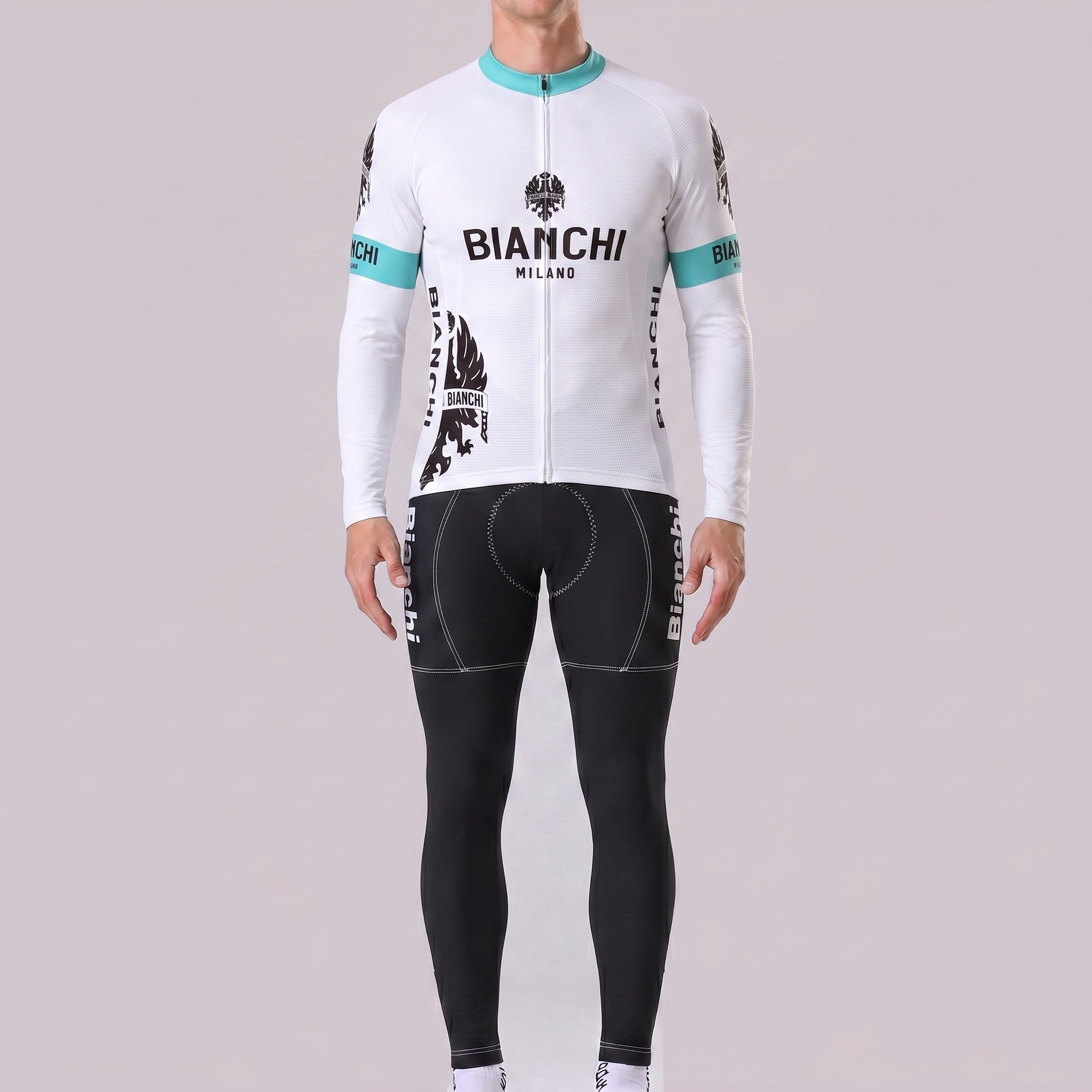White Bianchi Long Sleeves Cycling Kits