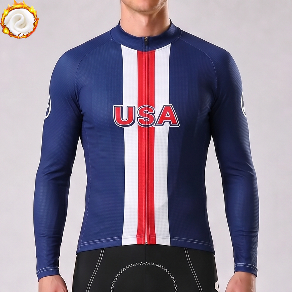 United States Blue Fleece Long Cycling Jersey