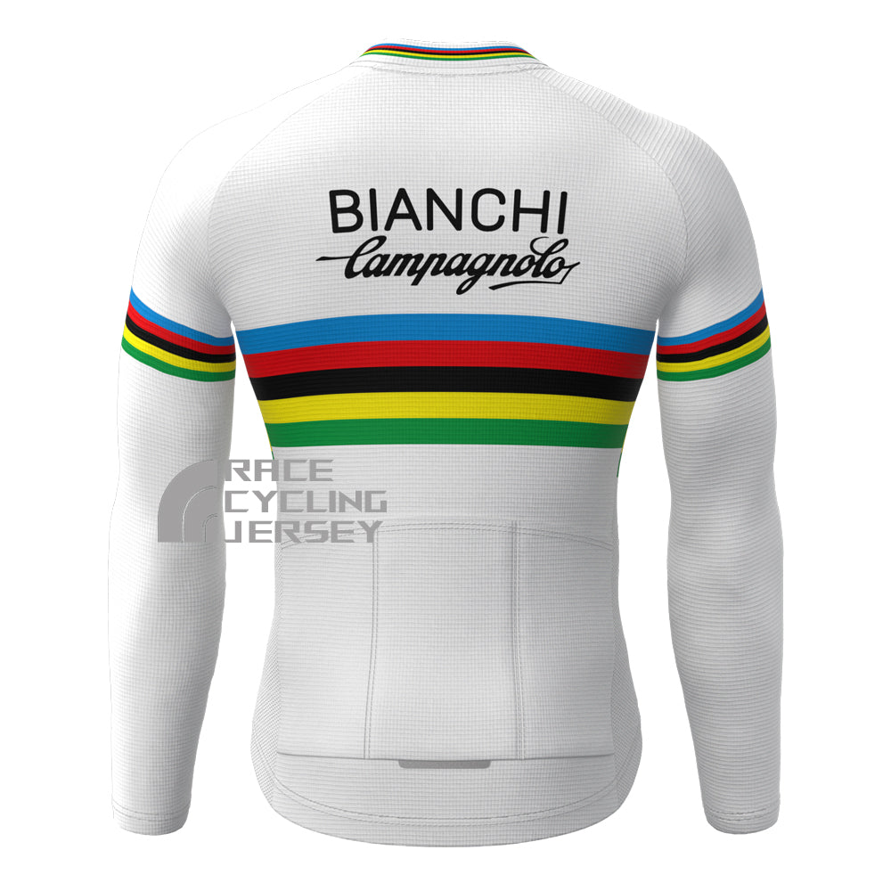 Stripes White Bianchi Fleece Long Cycling Jersey
