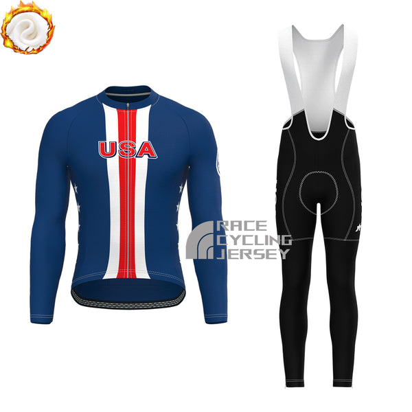 USA Blue Fleece Long Sleeves Cycling Kits