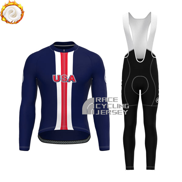United States Blue Fleece Long Sleeves Cycling Kits