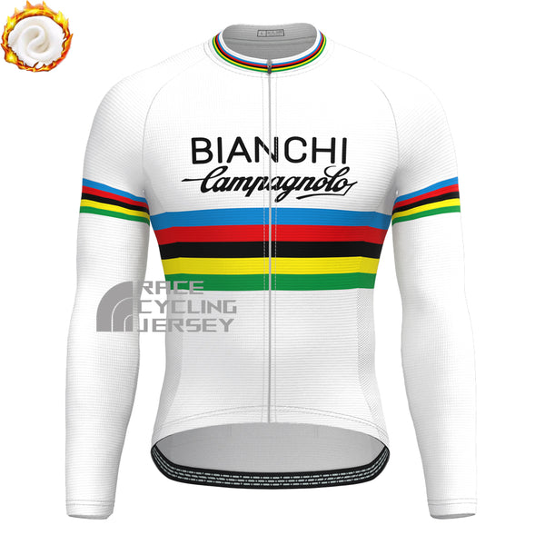 Stripes White Bianchi Fleece Long Cycling Jersey