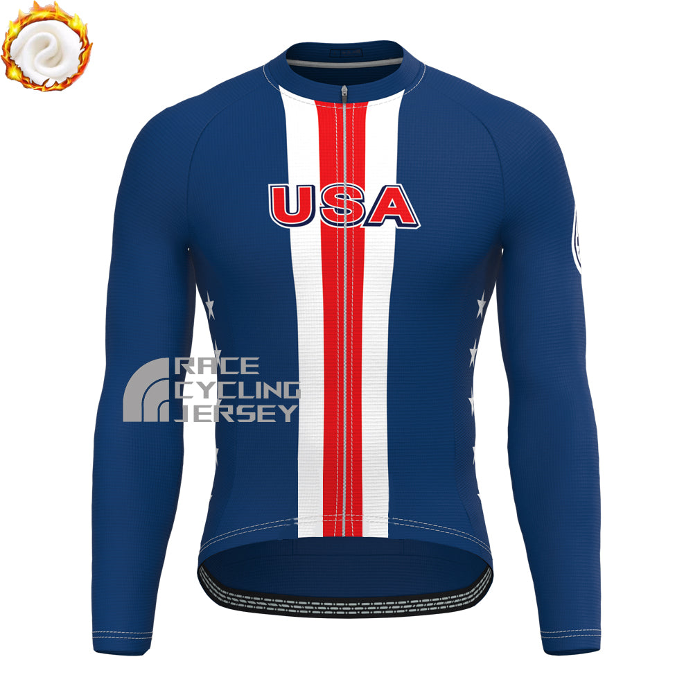 USA Blue Fleece Long Sleeves Cycling Kits