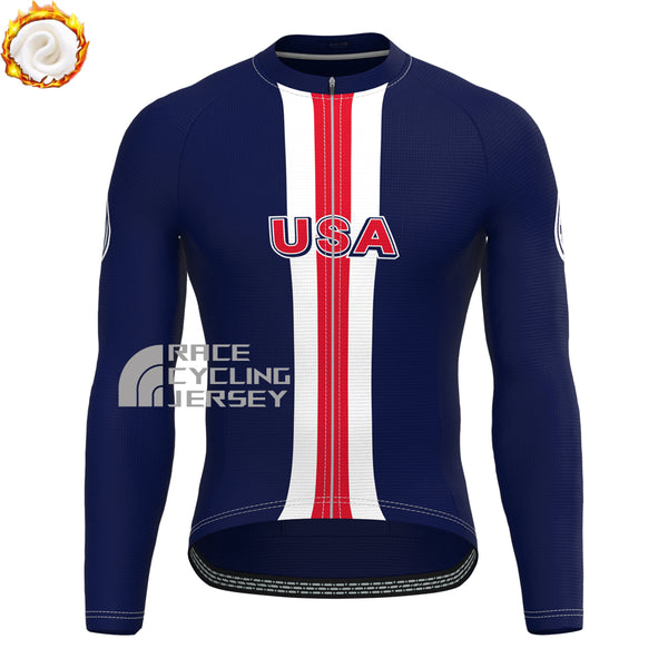United States Blue Fleece Long Cycling Jersey