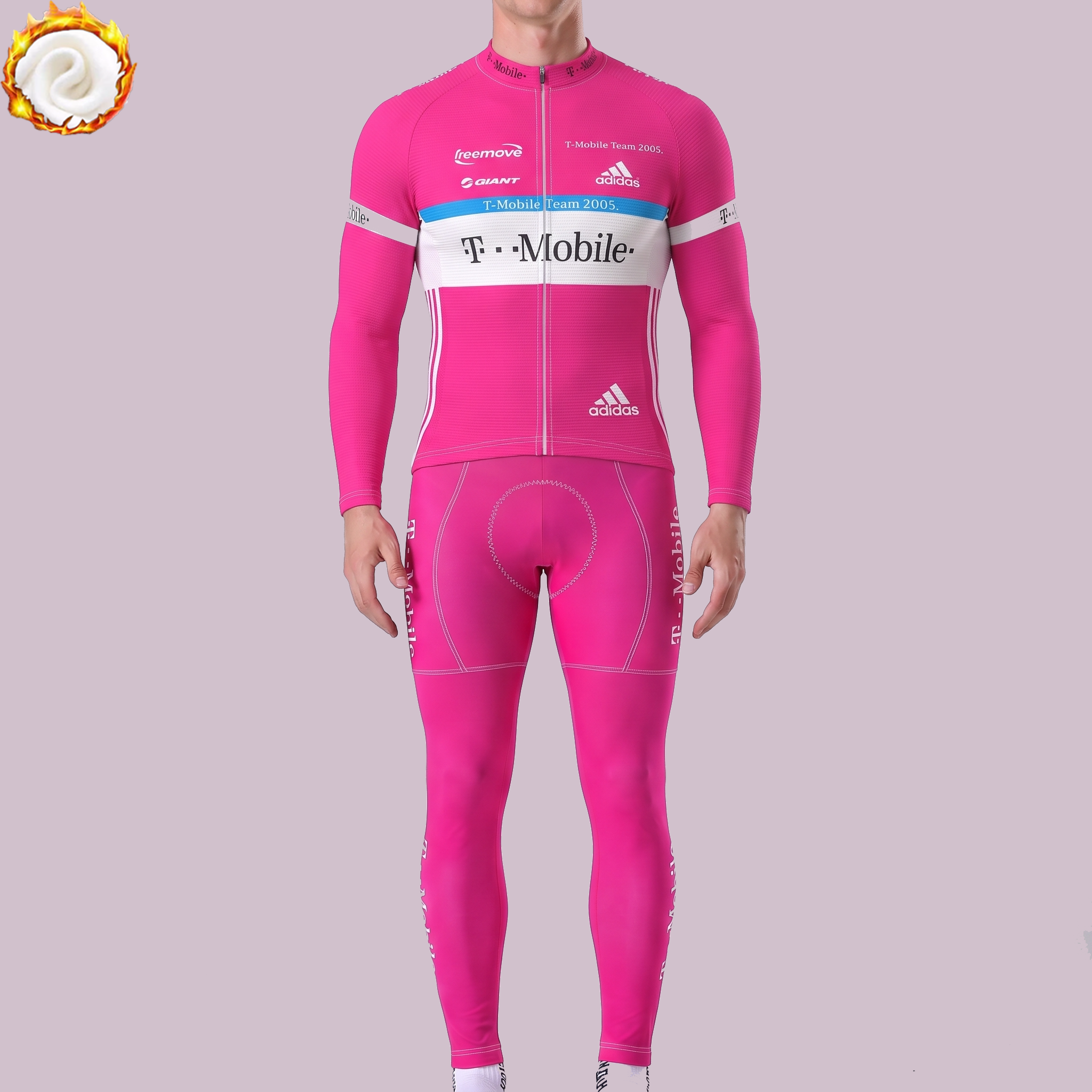 2005 Pink Fleece Long Sleeves Cycling Kits